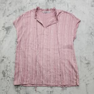 Arianna by Howard’s Top Womens L Pink Mauve White Striped Cap Sleeve Ruffle Neck